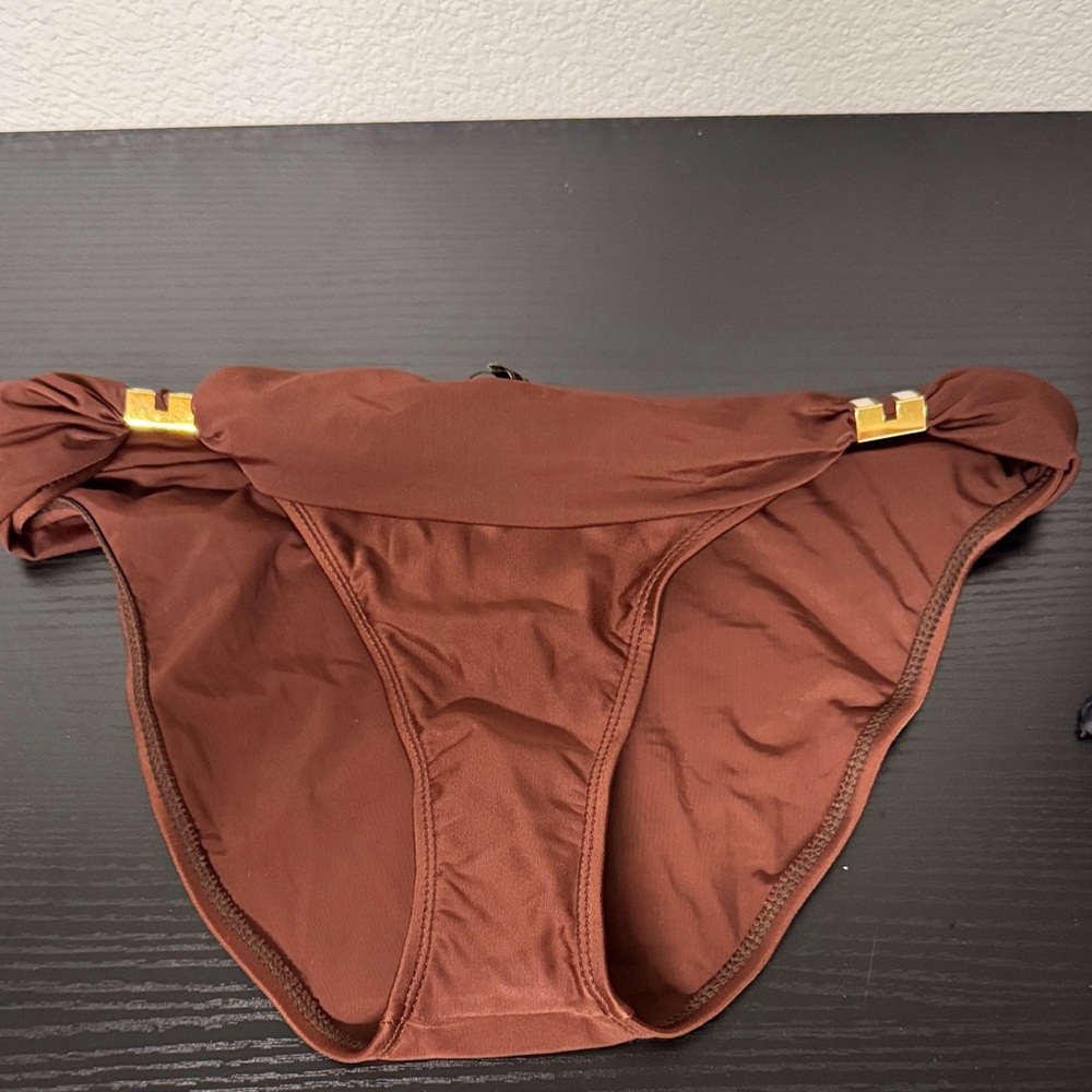 Vix by Paula Hermanny Brown Bikini Bottom with Gold Accents large NWT